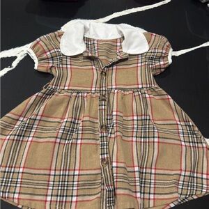 Charming Tan Plaid Kids Dress with White Collar